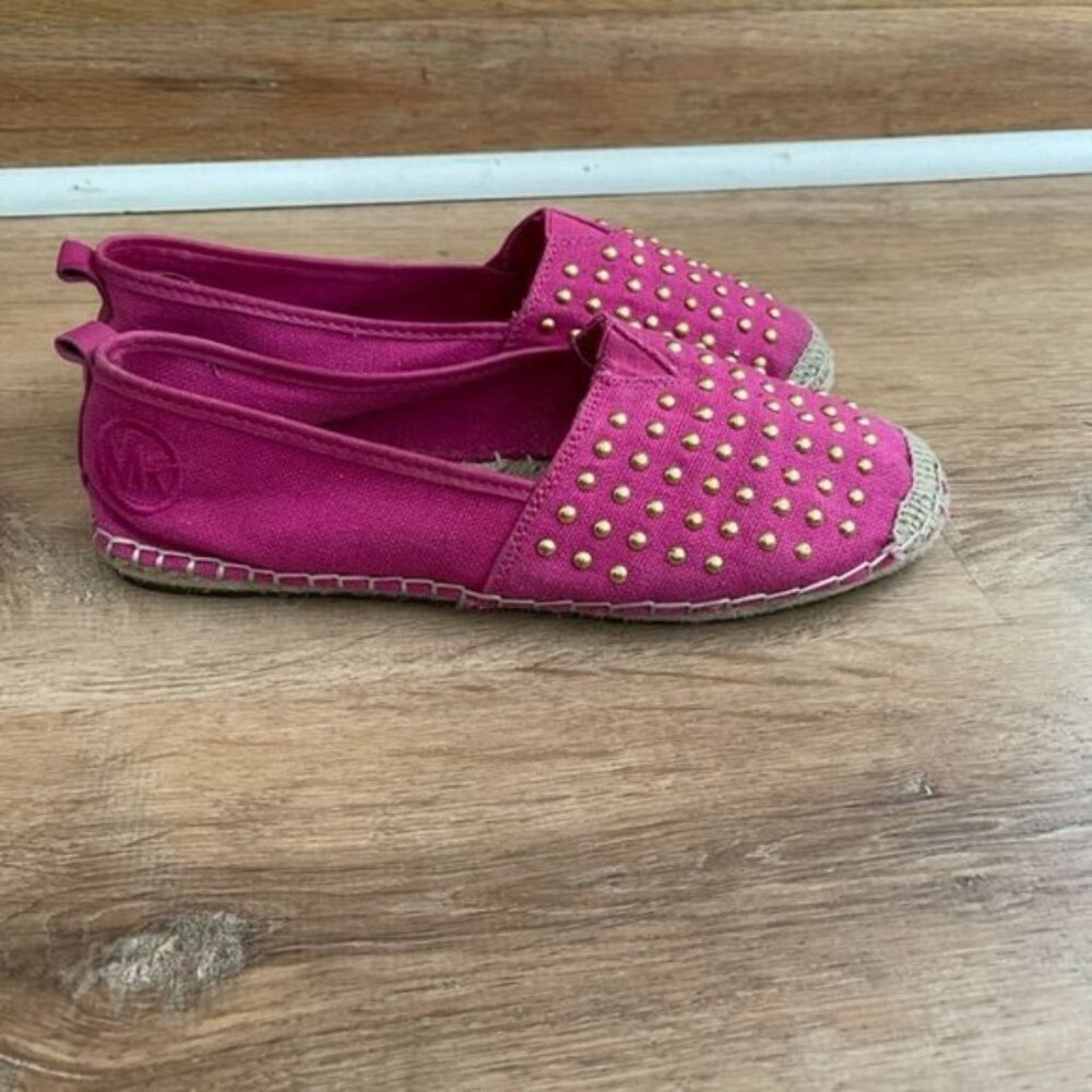 EUC Michael Kors Meg Pink Canvas Gold Studded Espadrille Shoes